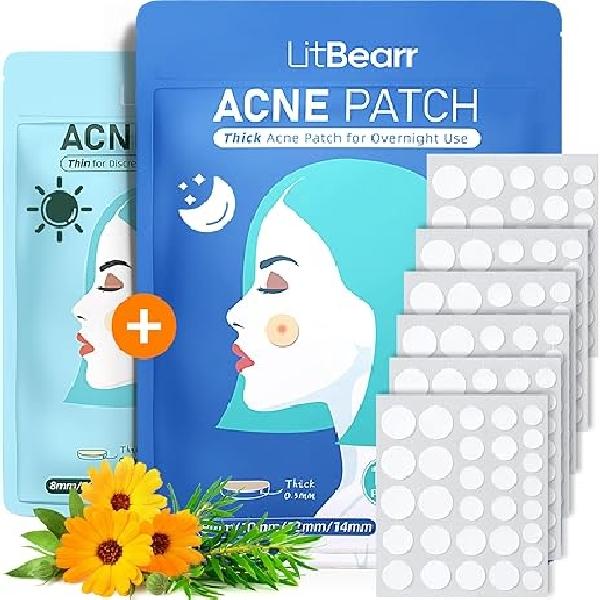 LitBear Acne Pimple Patches, Day and Night 4 Sizes 180 Dots Thin & Thick Hydrocolloid Patches with Witch Hazel, Tea Tree & Calendula Oil, Extra Adhesion for Face Zit Patch Dots Skincare Skin Repair Skincare Skin Repair Skincare Skin Repair