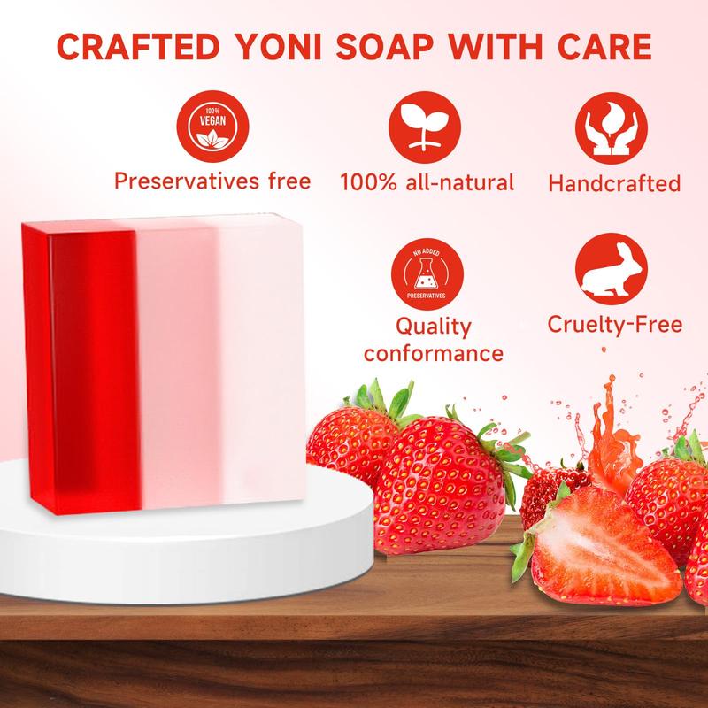 Strawberry Soap Bar, 5 Counts set Natural Yoni Bar, PH Balanced & Cleansing Bar Soap for Women, Natural Soap Bar with Bubble Foam Net