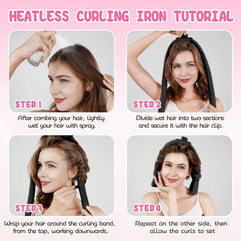 Heatless Curling Rod Headband Set, 5 Counts set No Heat Ribbon Curling Rod Hair Roller Curls with Hair Ties, Natural Soft Wave Diy Hair Rollers