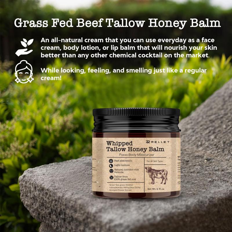 Beef Tallow and Honey Balm for Skin : Grass Fed Whipped Beef Tallow With Honey Face Body Moisturizer 4oz - Organic Unscented Fast Absorption Tallow Cream Infused with Manuka Honey Beeswax Olive Oil