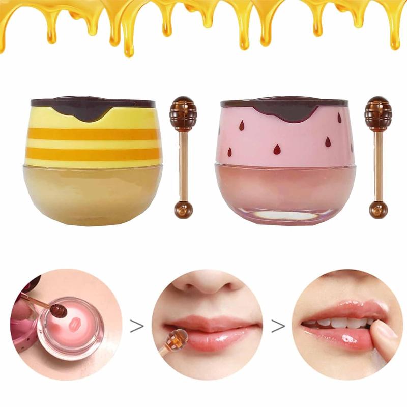 2PCS Bee Lip Balm Honey Pot, Honey & Strawberry Propolis Moisturizing, Moisturize Skincare Smooth Brush Lipstick Comfort Moisture Hydrating Hydrate Moisturizer Hydrate