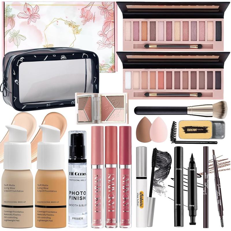 Makeup Set Kit for Women Full Kit, Makeup Present for Women Teen Girl, Eyeshadow Foundation  Primer Brush 3 in 1 Palette Lip Gloss, Eyebrow Soap Mascara Eyeliner  bag