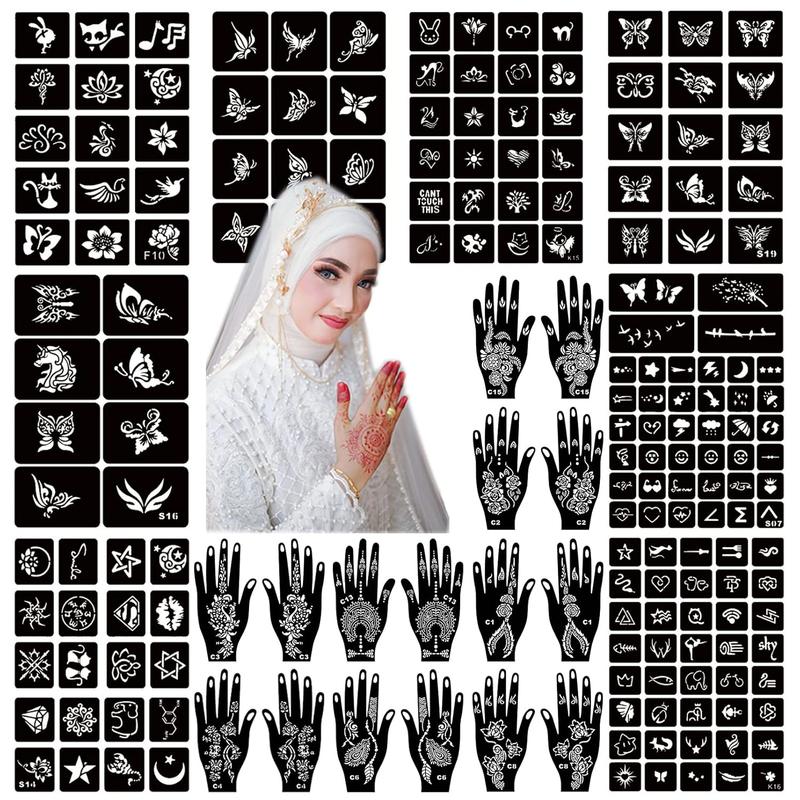 Henna Tattoo Stencil Kit 190counts, 24 Sheets Henna Stencils Reusable Temporary Indian Arabian Glitter Airbrush Tattoo Stencils for Face Body Paint DIY