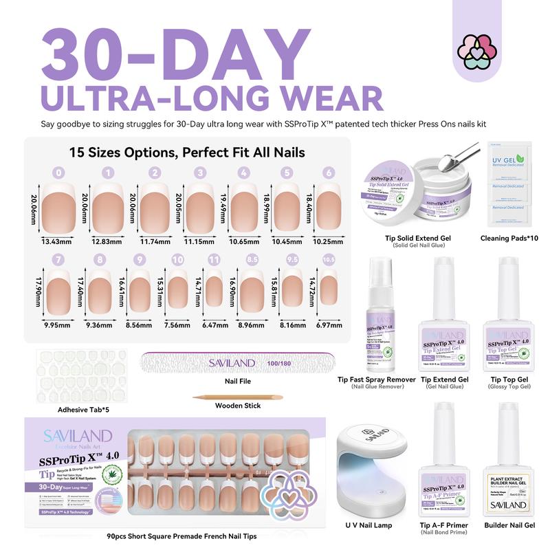 SAVILAND French Gel X Nail Kit Long-lasting Nude French Gel Tips Sturdy-fit press-ons Solid Glue Gel UV LED Lamp Lasting Nail Care Stunning Nail Art Manicure Nail Polish