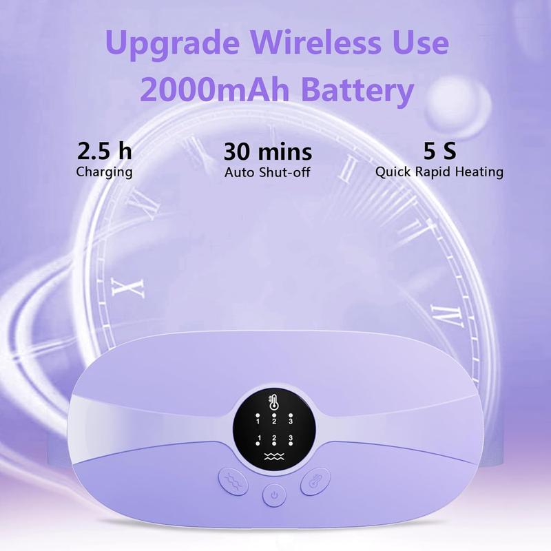 Portable Cordless Heating Pad, Menstrual Heating Pads for Cramps with 3 Heat Levels and 3 Massage Modes, 5s Rapid Heating for Period Back Belly Pain Relief Gift for Women and Girls (Purple)