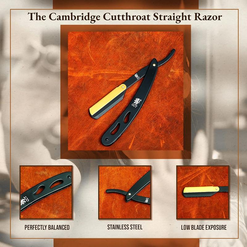 The Cambridge Cutthroat Cut Throat Razor Kit with Travel Pouch - Black and Gold Stainless Steel Professional Barber Razor Men - Single Blade Straight Edge Razor - Moustache Shaver & Beard Shaper