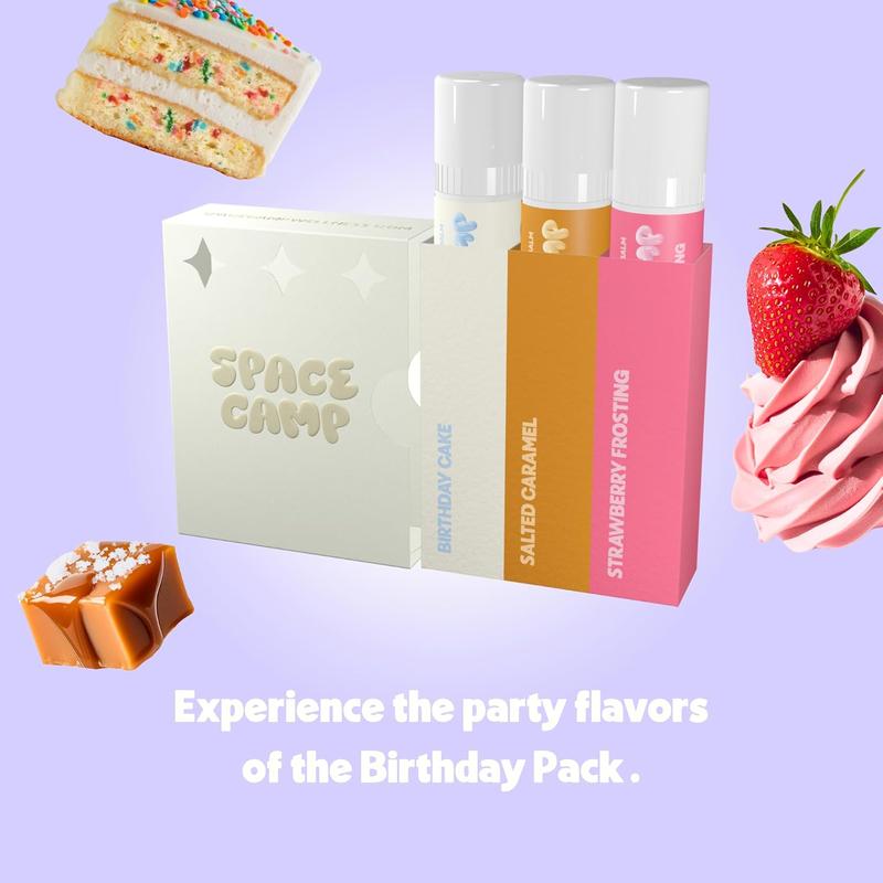 Space Camp Wellness Jumbo Lip Balm - Birthday Pack Variety Flavored Balm (Birthday Cake, Salted Caramel, Strawberry Frosting) - 3 Pack