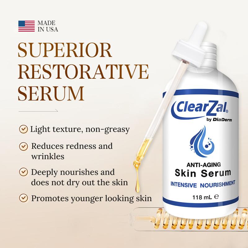 CLEARZAL Anti-Aging All Natural Skin Serum Moisture Embracing Formula with Essential Oils, 4 ounces help relieve irritation, dryness and flakiness.Non-Greasy，helps reinforce skin’s natural defenses, soothe redness, and restore elasticity and suppleness