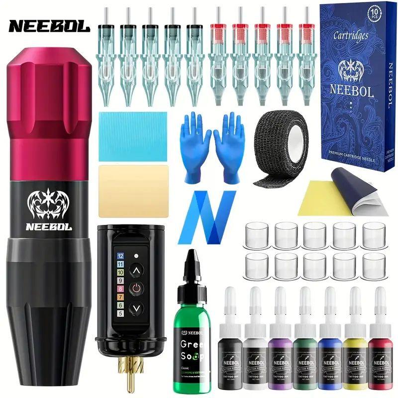 Neebol Cordless Tattoo Pen Kit, Tattoo Power Supply, Rotating Tattoo Pen Kit, 1400mAh Large Battery, Digital Screen Display, 10 Cartridge Needles, Practice Skin, Ink, Suitable for Beginners