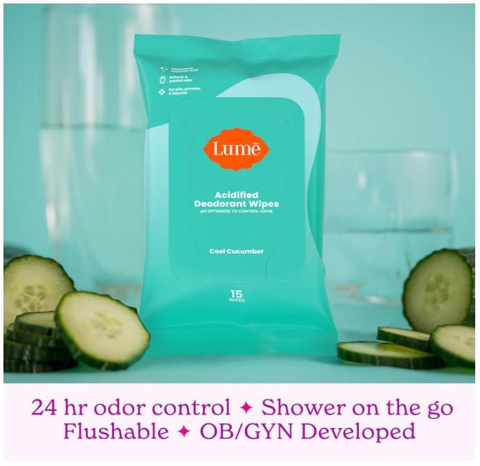 Lume Acidified Deodorant Wipes - 24 Hour Odor Control - Aluminum Free, Baking Soda Free, Skin Loving - Flushable - 15 Count (Pack of 3) (Cool Cucumber)