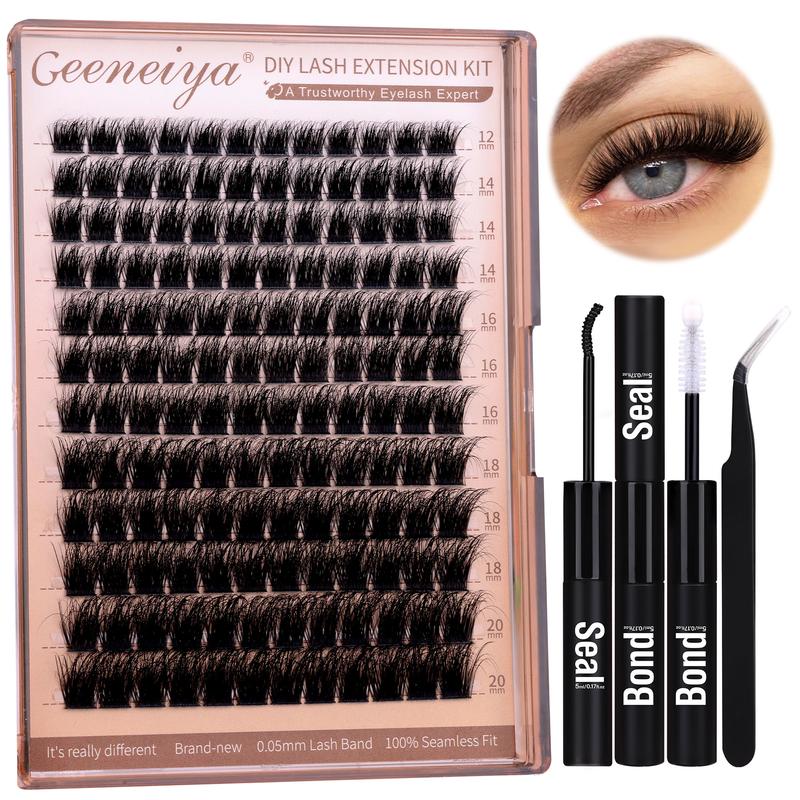 Geeneiya 12-20mm Lash Clusters Kit Fluffy Lash Extension Kit D Curl Eyelash Extension Kit Thick Wispy DIY Individual Eyelashes with Lash Bond and Seal Lash Applicator Makeup Cosmetic Eyelashes Extensions