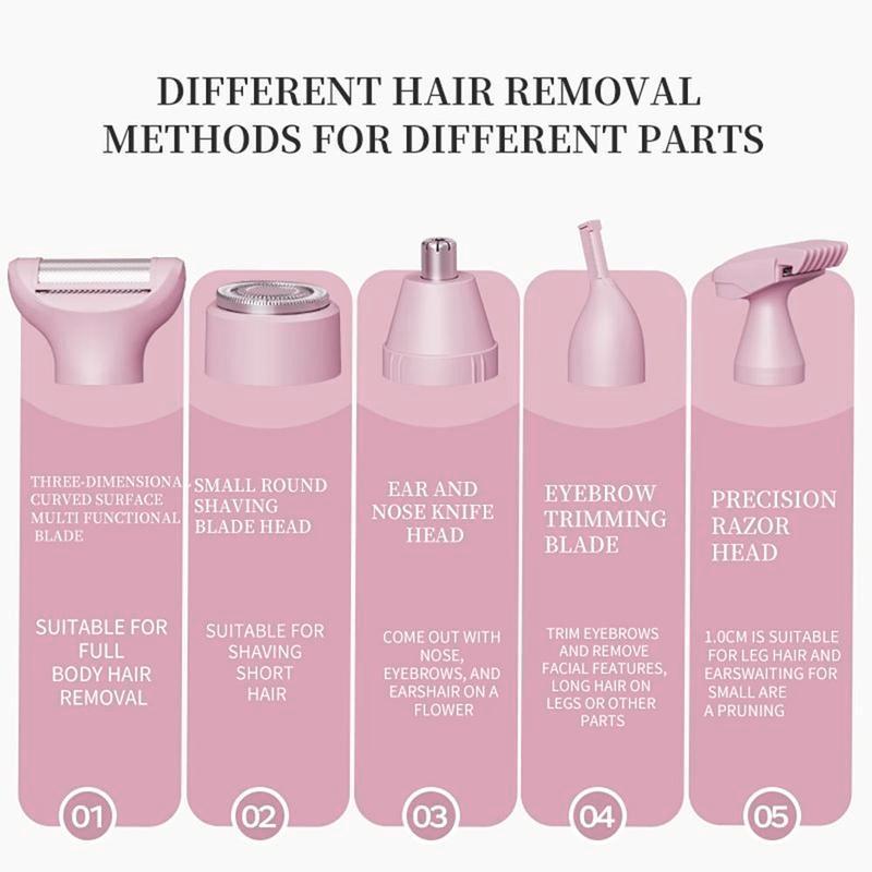 5 in 1 Electric Body Hair Remover, 1 Set Rechargeable Hair Shaver & Accessories, Wet & Dry Use Body Hair Trimmer for Women