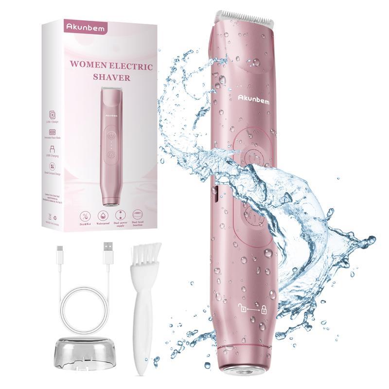 Akunbem Bikini Trimmer for Women,  Electric Shaver and Razor Rechargeable 2-in-1 Body and Facial Hair Removal Double Head for Painless Trimming of Pubic Face Underarm Legs, IPX7 Waterproof, Pink