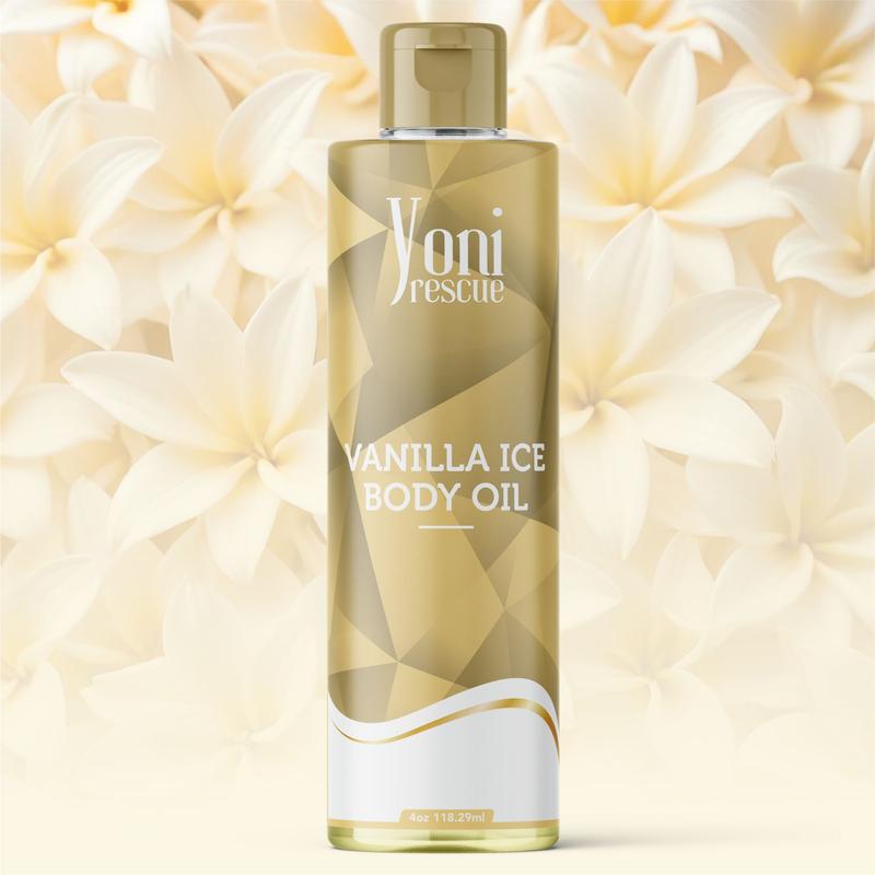 Vanilla Ice Body Oil, 4oz, with Apricot, Jojoba, Avocado Oils & Vitamin E Oil, Fast-Absorbing, Nourishes and Hydrates Skin, Skin Repair, Body Care, Ideal for All Skin Types, Vanilla Fragrance Moisturizer by Yoni Rescue body oil